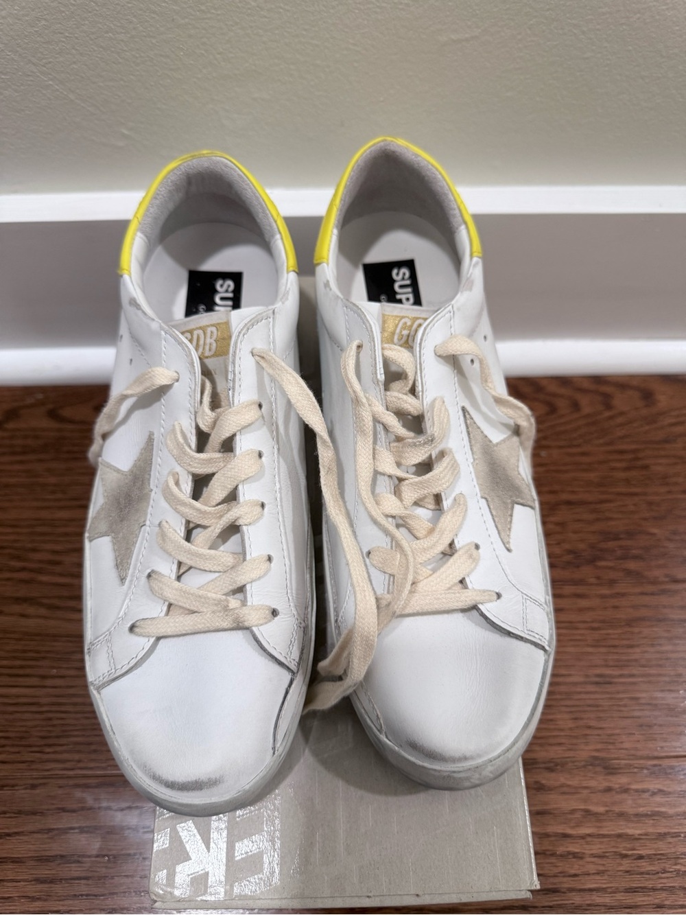 Golden Goose White Sneakers with Beige Star and Yellow Heel Tab (Sz 40 - fits 9)